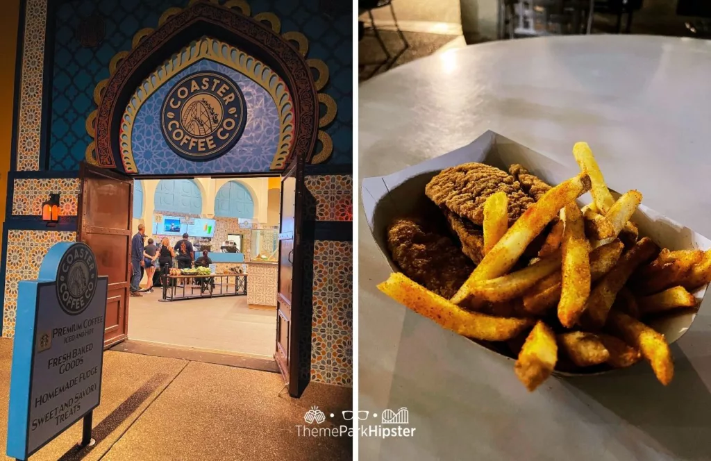 Coaster Coffee Co. with chicken strips and fries at Busch Gardens Tampa Bay