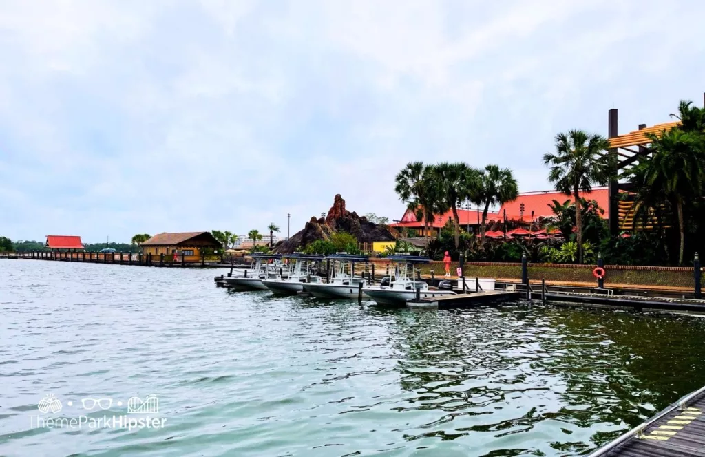 Disney's Polynesian Resort on cloudy rainy day. Keep reading to find out more about Trader Sam's Grog Grotto.