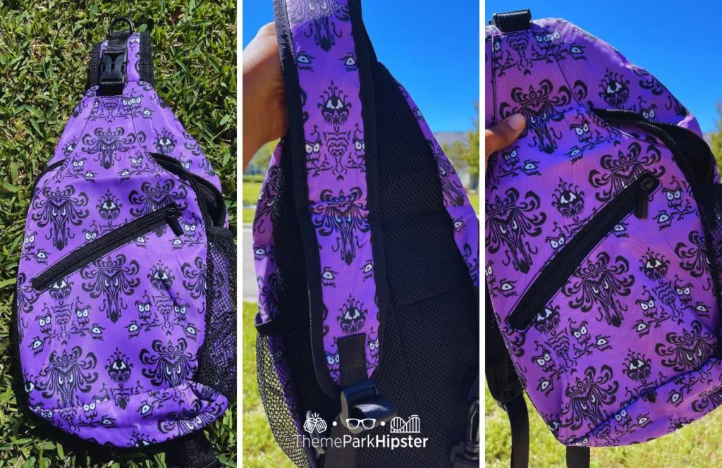 Haunted Mansion Wall Paper Sling Bag backpack. One of the best backpacks for Disney World