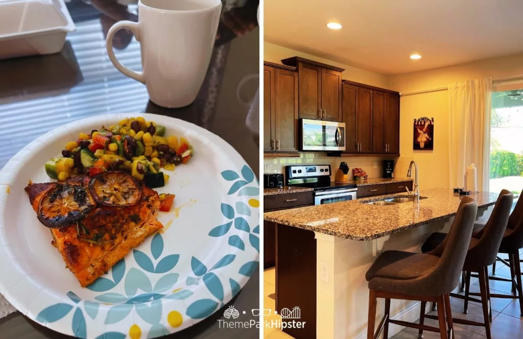 A plate of dinner made in the villa at Encore Resort and an open concept kitchen with appliances and high seating. Keep reading to learn more about Encore Resort.  