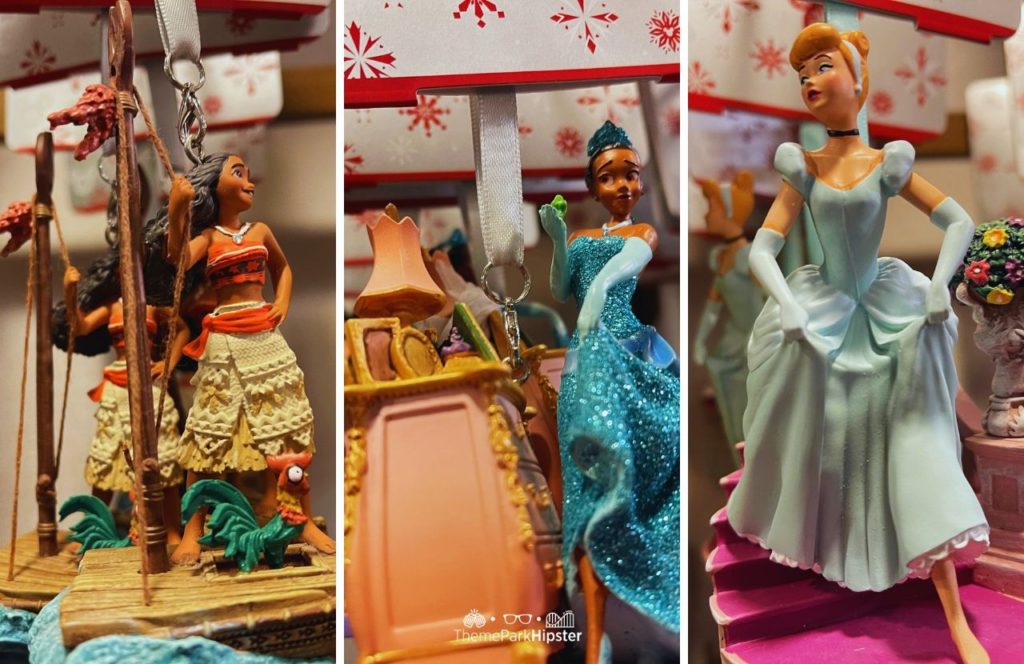 Disney Princess Tiana, Moana and Cinderella. One of the Best Disney Christmas Ornaments