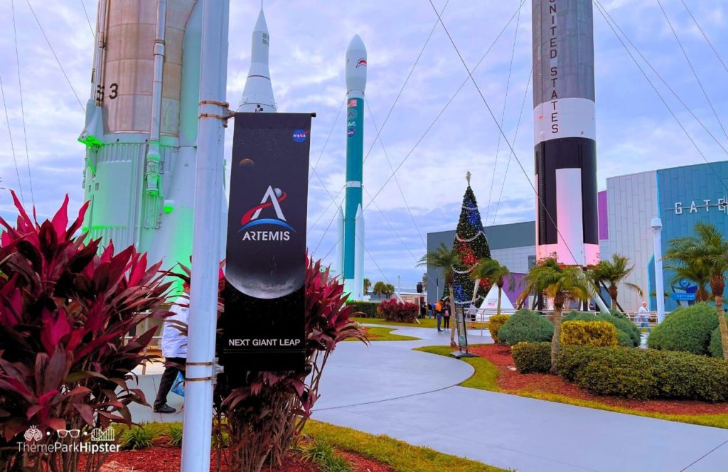 Holidays in Space at Kennedy Space Center Florida Artemis Rocket Garden with Christmas Tree