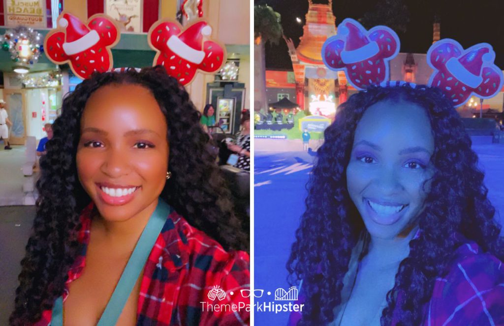 NikkyJ with Mickey Disney Christmas Ears at Jollywood Nights in Hollywood Studios. Keep reading to know which is better Disney World vs Universal Studios.