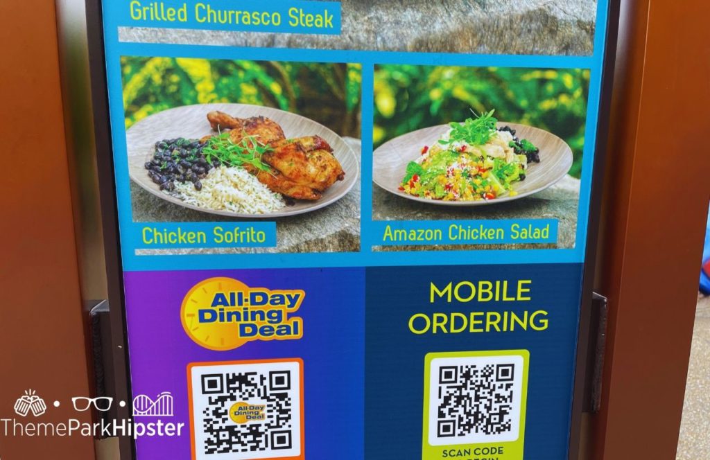 SeaWorld Orlando Christmas Celebration food at waterway grill with chicken sofrito and amazon salad all day dining mobile ordering