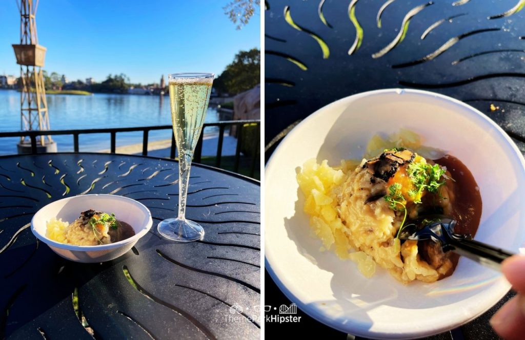 2024 Epcot Festival of the Arts Disney World Canada mushroom risotto and champagne.