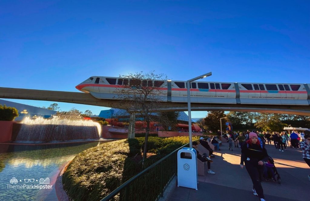 2024 Epcot Festival of the Arts Disney World Monorail on sunny day as we head into the Epcot Pavilions of the World Showcase Area.