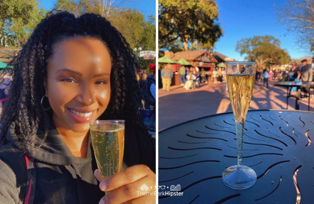 2024 Epcot Festival of the Arts Disney World Nikky in Canada Pavilion with Champagne Drink on a Solo Disney World Trip. Keep reading to get the benefits of going to theme parks alone and having a solo Orlando, Florida trip.