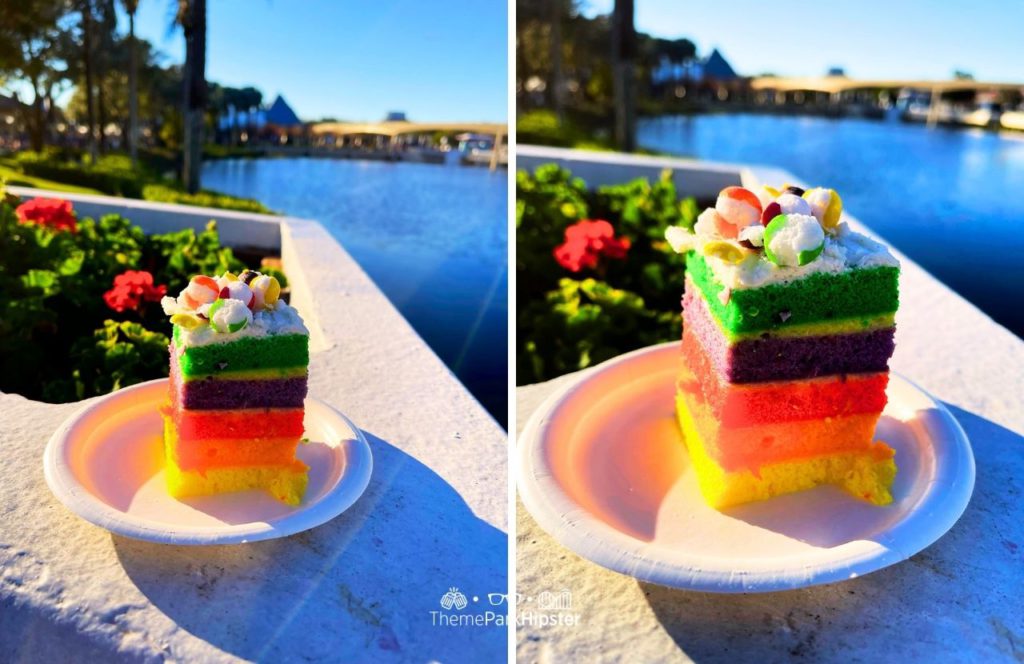 2024 Epcot Festival of the Arts Disney World Rainbow Cake. Keep reading to get the full Epcot Festival of the Arts Menu!