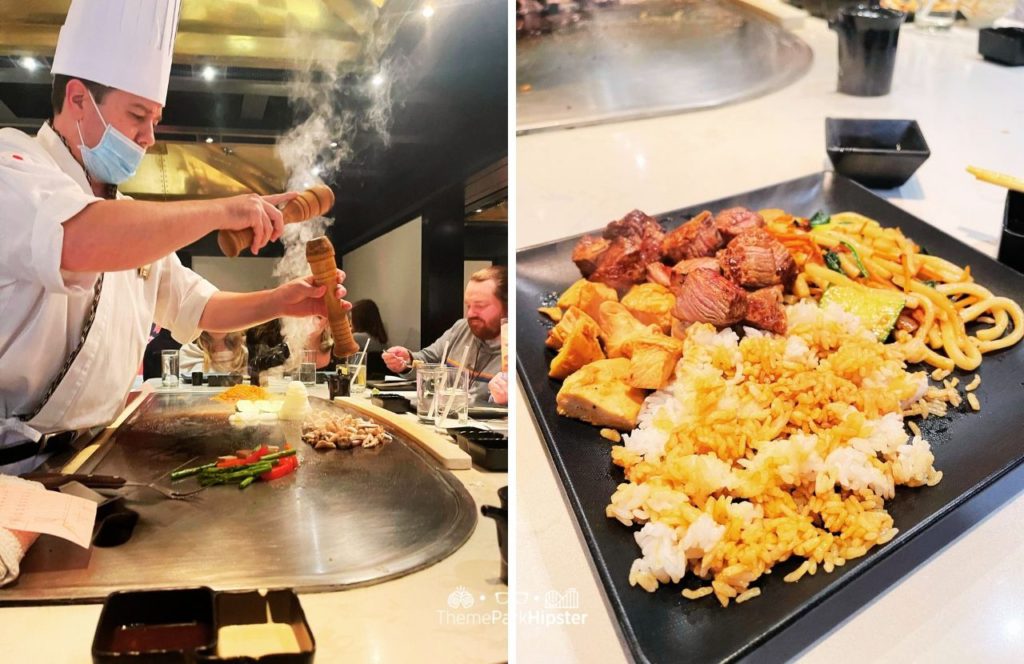 2024 Epcot Festival of the Arts Disney World Teppan Edo Hibachi in Japan Pavilion Rice steak chicken and noodles. Keep reading to know what to do in every country in the Epcot Pavilions of World Showcase.