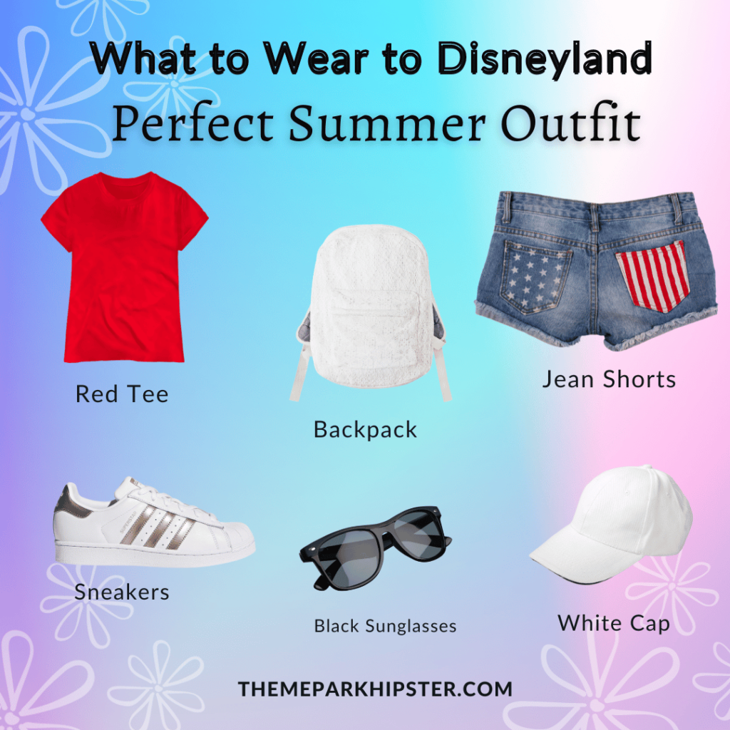 Main Disney Outfit What to Wear to Disneyland in July with read shirt, white backpack, blue jeans patriotic shorts, white sneakers, black sunglasses and white cap.