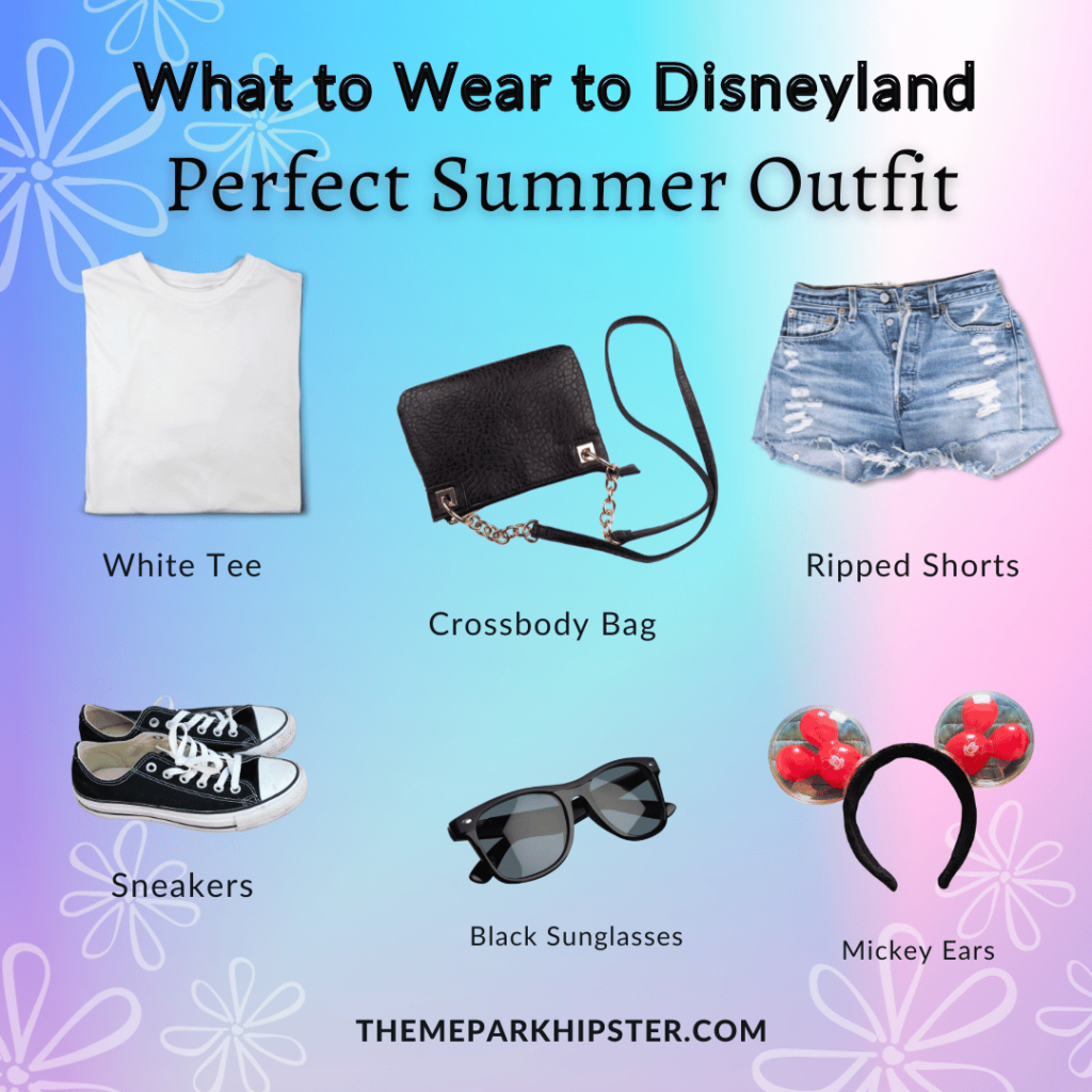 Main Disney Outfit What to Wear to Disneyland in June with white t shirt black purse jean shorts sneakers black sunglasses and mickey mouse ears.