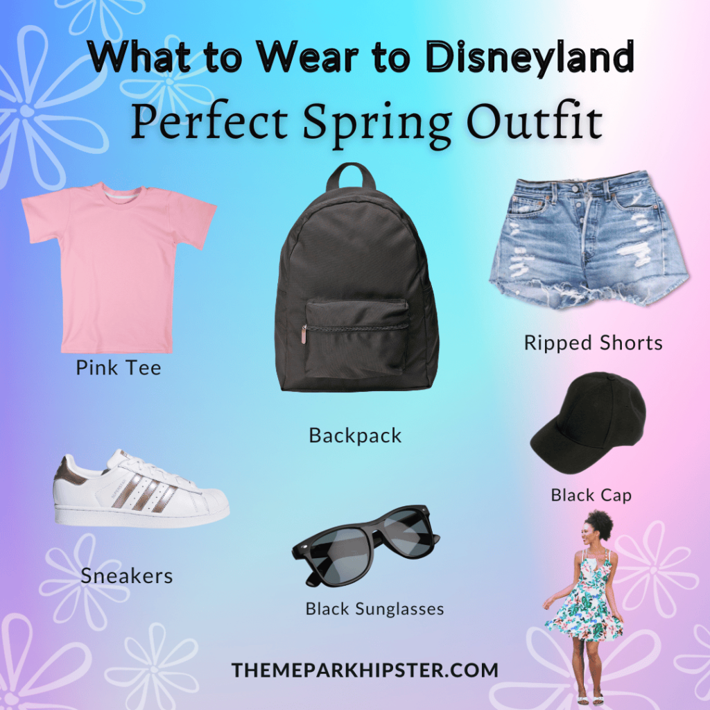 Main Disney Outfit What to Wear to Disneyland in June with pink shirt, black backpack, jean shorts, sneakers, black sunglasses, black hat and lady in sundress.