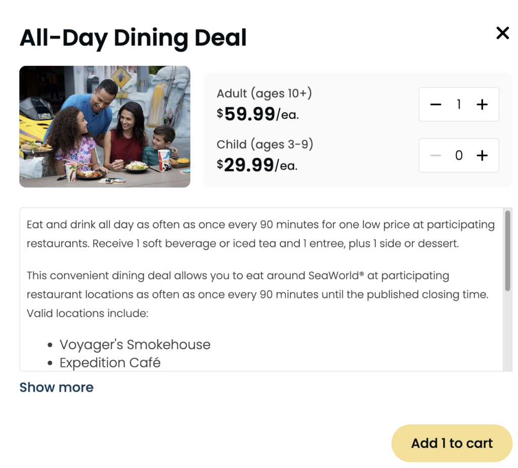 2025 and 2026 SeaWorld All Day Dining Cost and Price