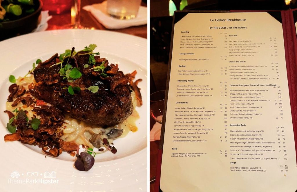 Epcot Theme Park Disney World Canada Pavilion Le Cellier Steakhouse Filet Mignon and Menu