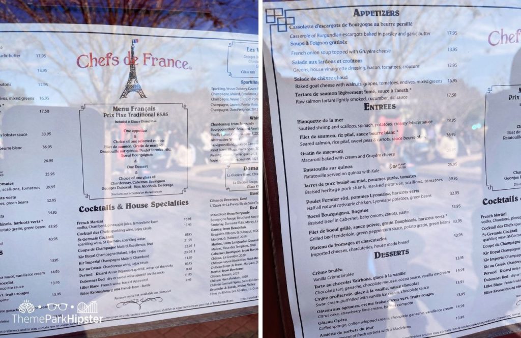 Epcot Theme Park Disney World France Pavilion Chef de France Restaurant Menu