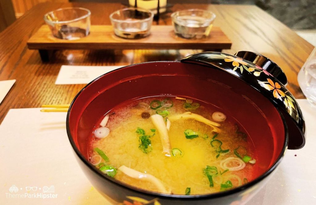 Epcot Theme Park in Disney Japan Pavilion Takumi Tei with miso soup. One of the best Japanese Restaurants in Epcot.