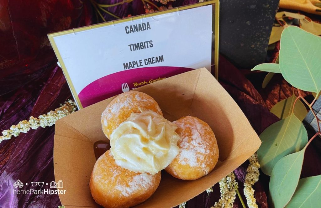 Busch Gardens Tampa 2024 Food and Wine Festival Canada Timbits. One of the best things to eat at Busch Gardens Food and Wine Festival.