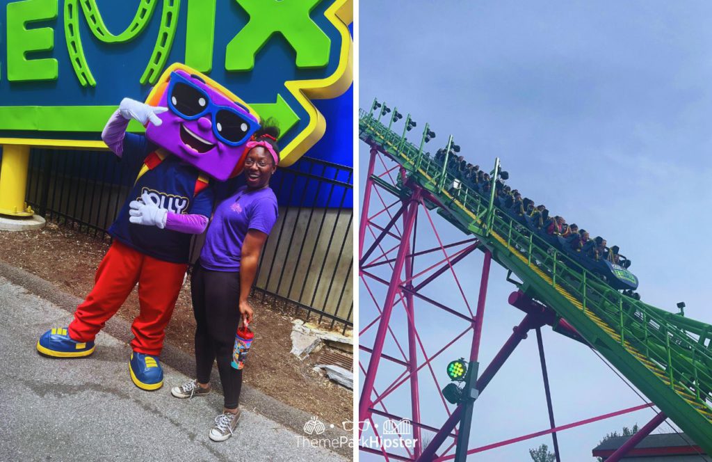 Hersheypark Jolly Rancher Character Meet and Greet in Front of Roller Coaster with Victoria Wade. Keep reading to get the full theme park travel guide on the Skip The Line Pass Fast Track at Hersheypark.
