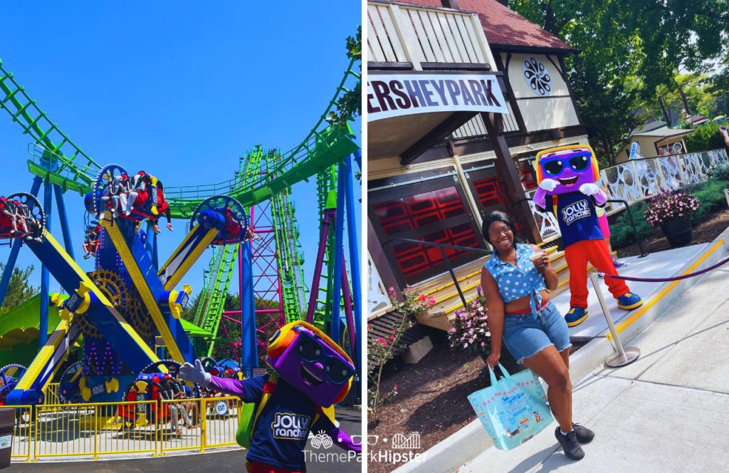 Hersheypark Jolly Rancher Character Meet and Greet in Front of Roller Coaster with Victoria Wade Keep reading to get the best Hersheypark park packing list and checklist for your bag.