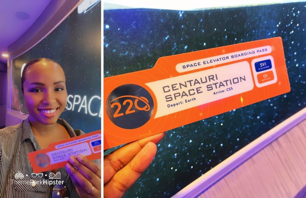 Space 220 Restaurant at Epcot in Walt Disney World with NikkyJ holding Elevator Boarding Pass. One of the best Restaurants at Epcot.