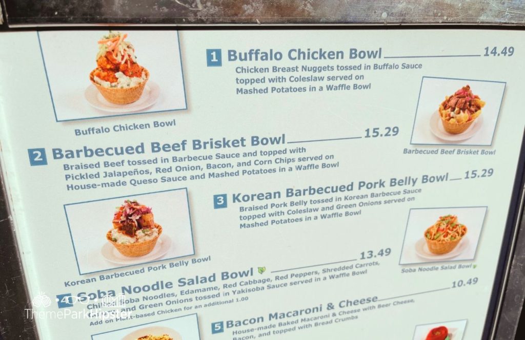 Disney Hollywood Studios Theme Park Fairfax Fare Menu with Bowls. One of the best counter service restaurants at Hollywood Studios.