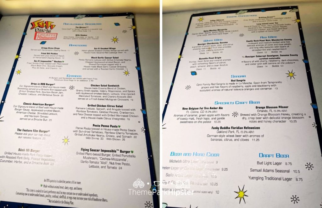 Disney Hollywood Studios Theme Park Sci Fi Dine In Restaurant Menu