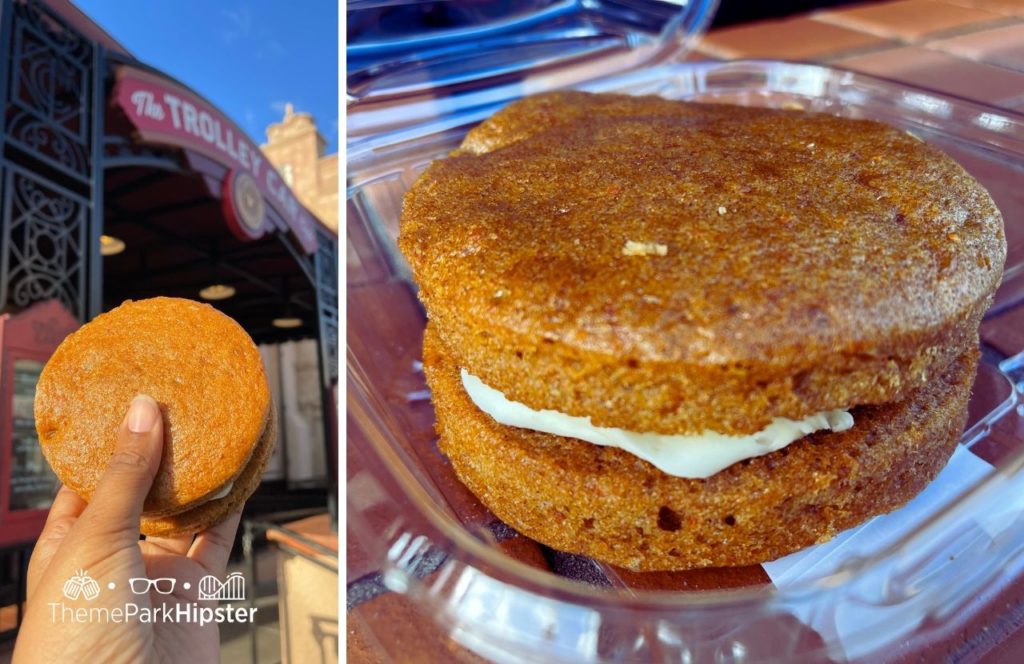 Disney Hollywood Studios Theme Park Trolley Car Cafe Pastries Carrot Cake Sandwich. One of the best counter service restaurants at Hollywood Studios. 