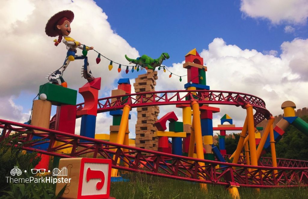 Disney Hollywood Studios Toy Story Land Slinky Dog Dash Roller Coaster with Jessie and Dinosaur. One of the best rides at Hollywood Studios.