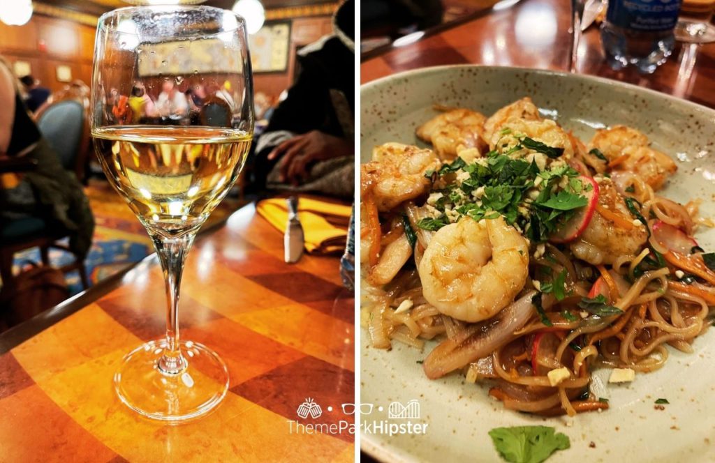 Disney Magic Kingdom Park Adventureland Skipper Canteen Restaurant Nile Nellie's Noodle Bowl and White Wine. One of the best restaurants at Magic Kingdom.