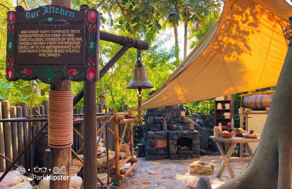 Disney Magic Kingdom Park Adventureland Swiss Family Robinson Treehouse with view of Cinderella Castle Tron and Space Mountain. One of the best attractions and rides at Adventureland.