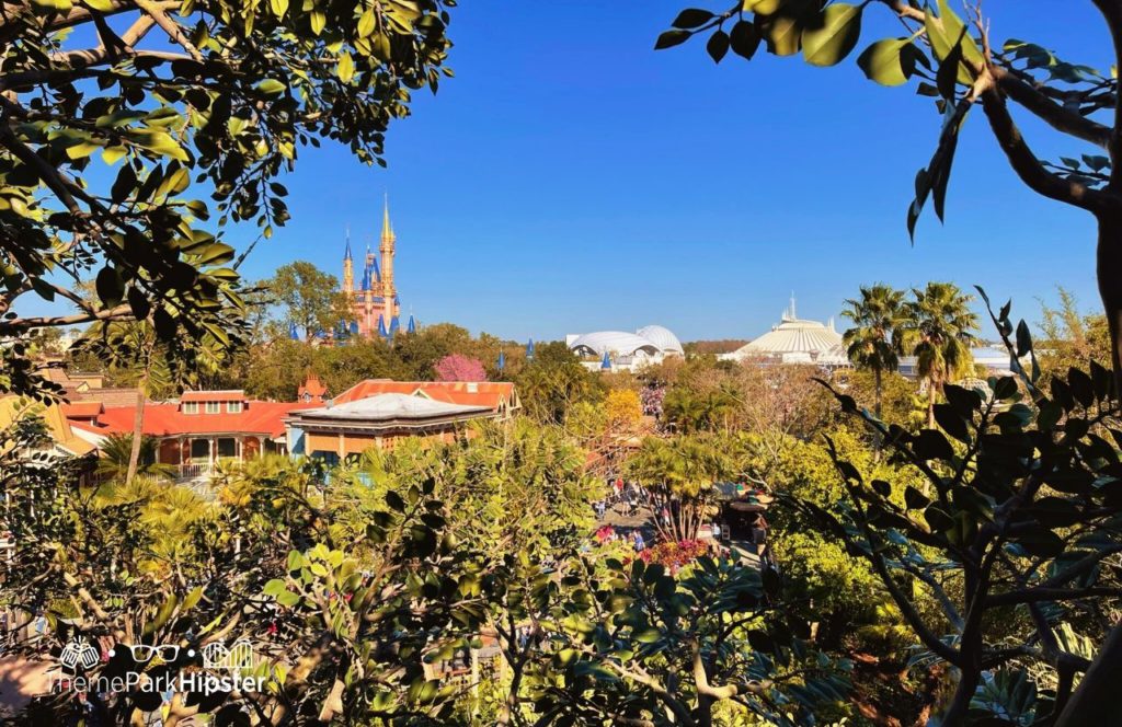 Disney Magic Kingdom Park Adventureland Swiss Family Robinson Treehouse with view of Cinderella Castle Tron and Space Mountain