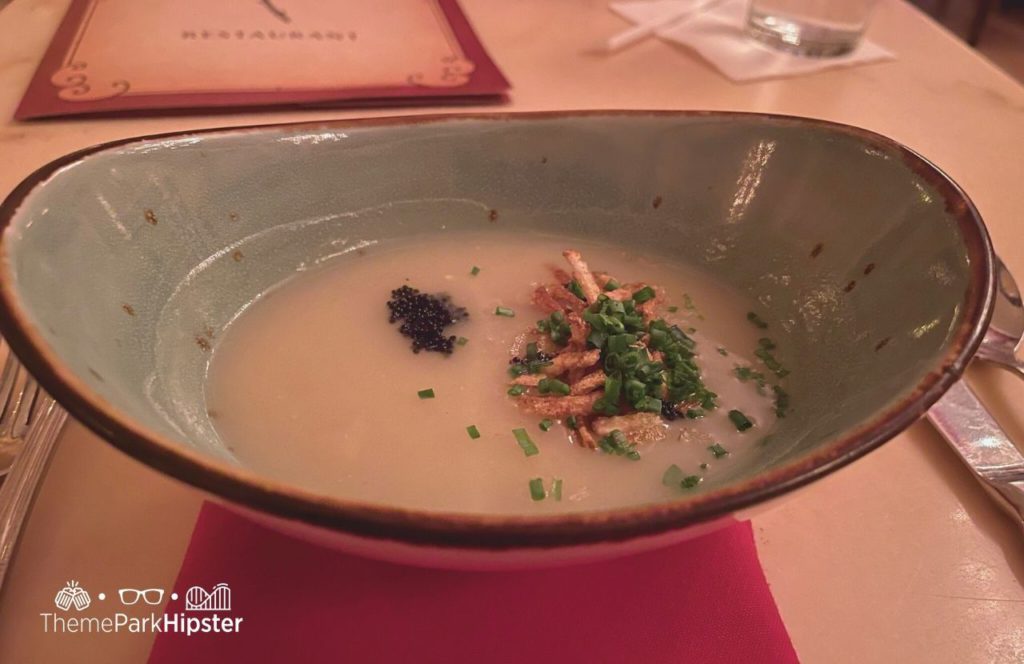 Disney Magic Kingdom Park Fantasyland Beast Castle Be Our Guest Restaurant Potato Leek Soup with Caviar at Lunch