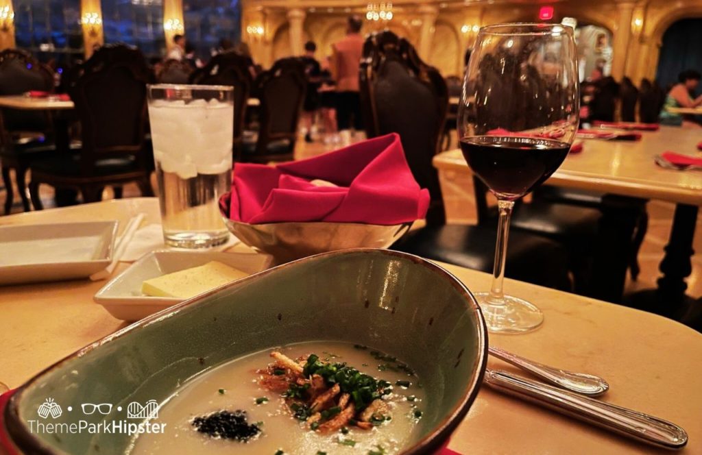 Disney Magic Kingdom Park Fantasyland Beast Castle Be Our Guest Restaurant Potato Leek Soup with Caviar and Red Wine