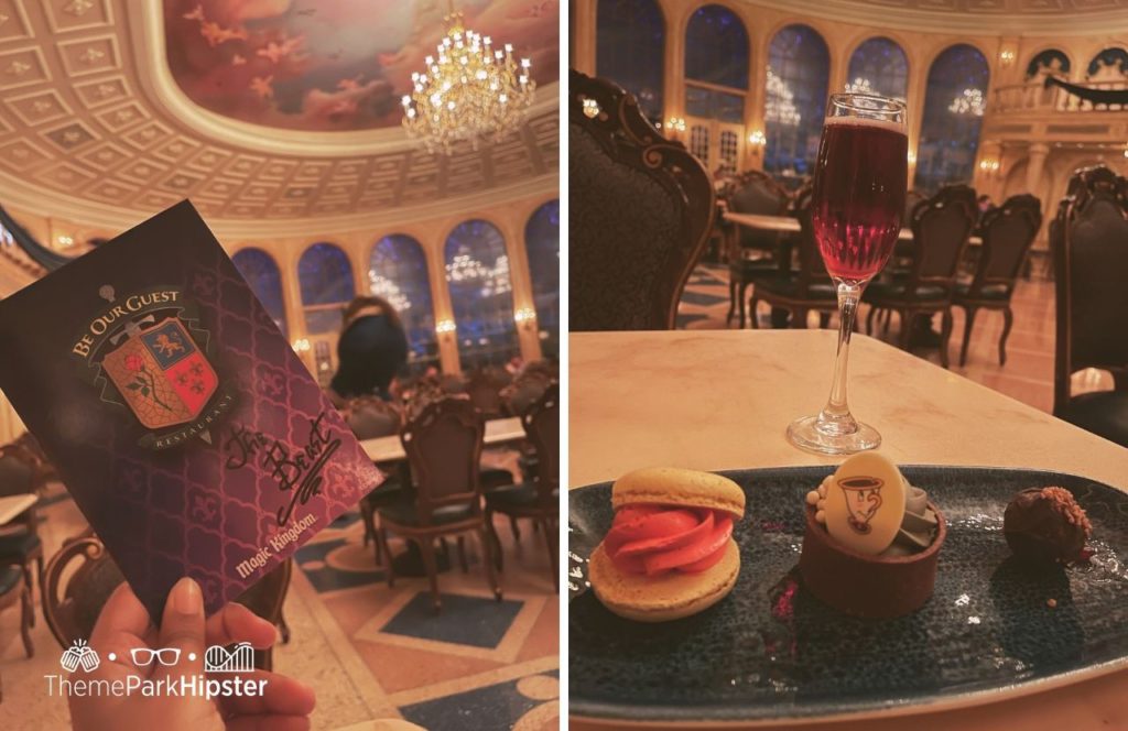 Disney Magic Kingdom Park Fantasyland Beast Castle Be Our Guest Restaurant with Grey Stuff Dessert and Macaron 
