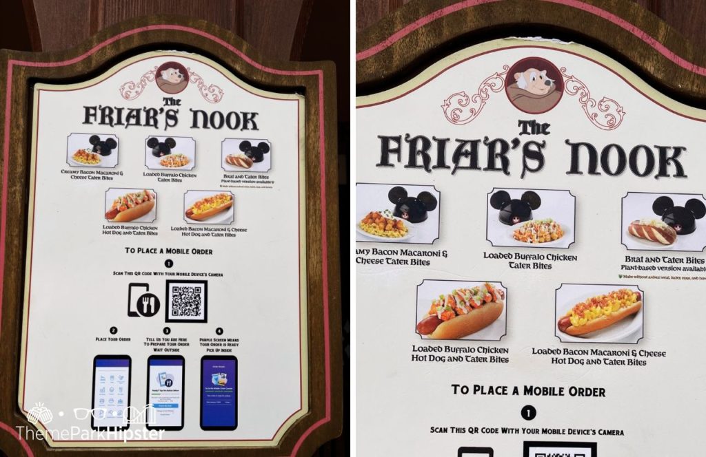 Disney Magic Kingdom Park Friar's Nook Loaded tater tots and hot dog menu. One of the best quick service and counter service restaurants at Magic Kingdom.