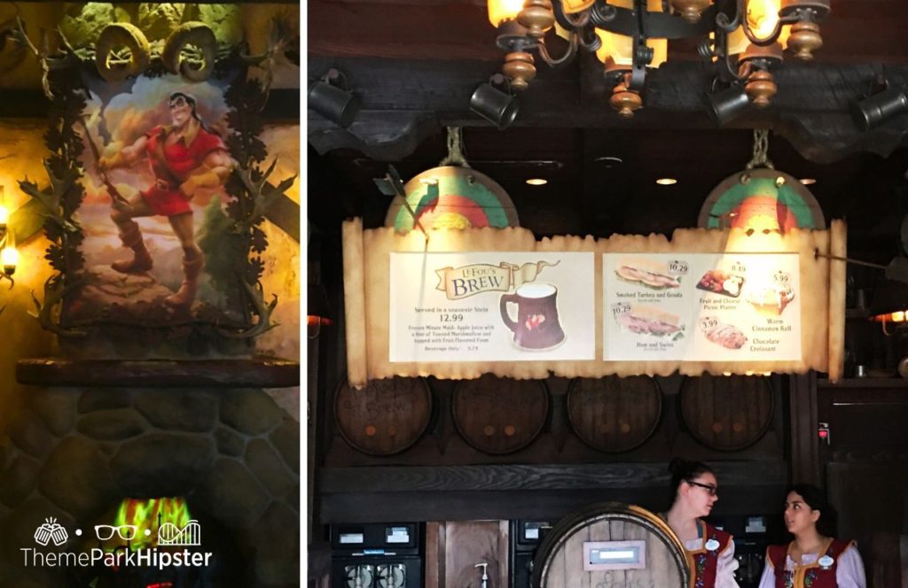Disney Magic Kingdom Park Gaston's Tavern in Fantasyland Menu with Warm Cinnamon Roll