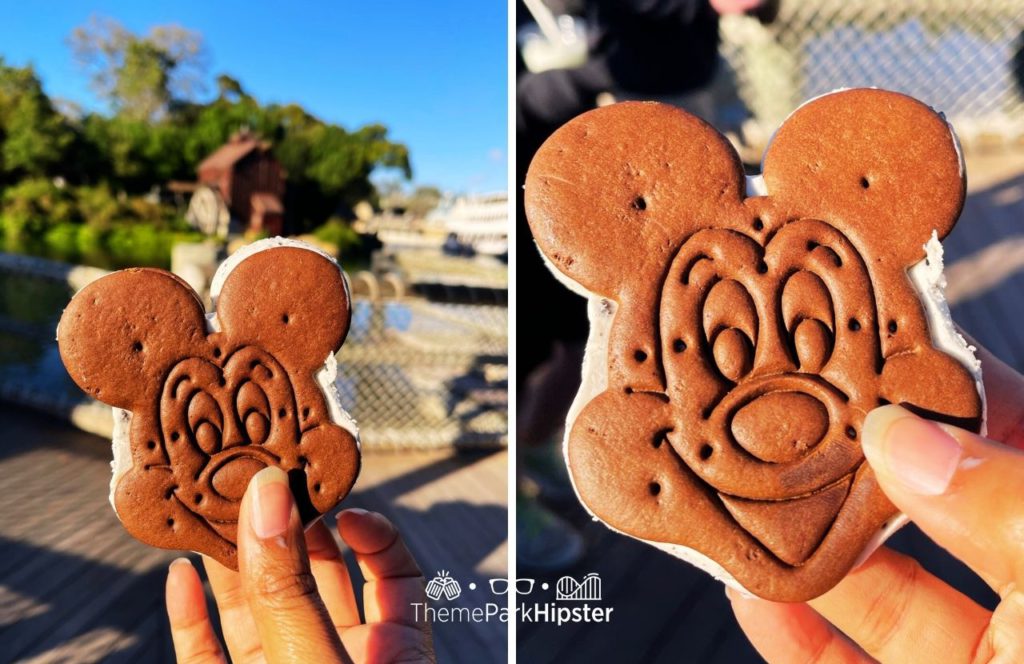 Disney Magic Kingdom Park Mickey Mouse Ice Cream Sandwich Snack and Dessert. One of the best quick service and counter service restaurants at Magic Kingdom.