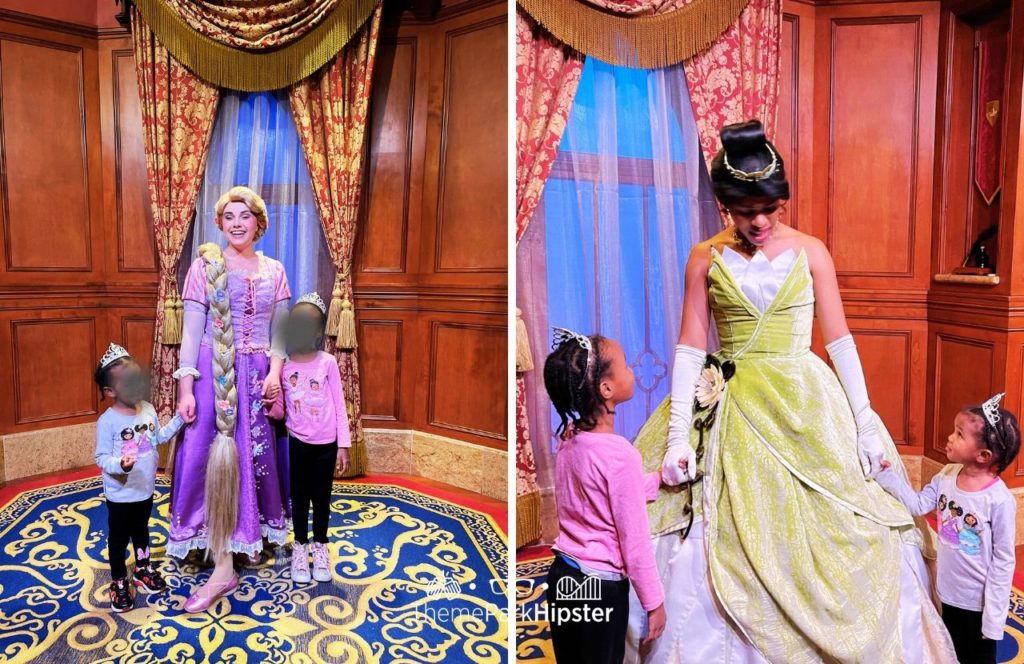 Disney Magic Kingdom Park Princess Fairytale Hall Rapunzel and Princess Tiana with little black girls