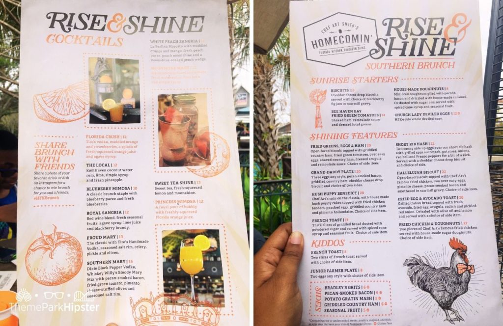 Walt Disney World Disney Springs Chef Art Smith's Homecomin Restaurant Menu. Keep reading to find more brunch spots at Disney World.