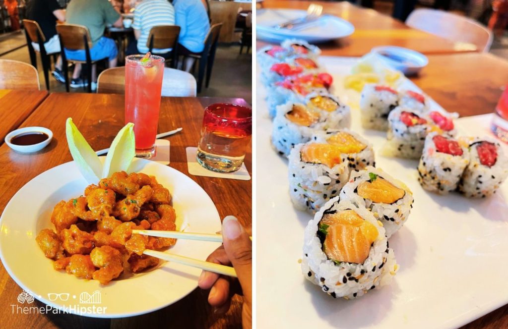 Walt Disney World Disney Springs Morimoto Asia Restaurant Popcorn Chicken and Cocktail and spicy tuna and salmon sushi. One of the best things for adult to do at Disney World.