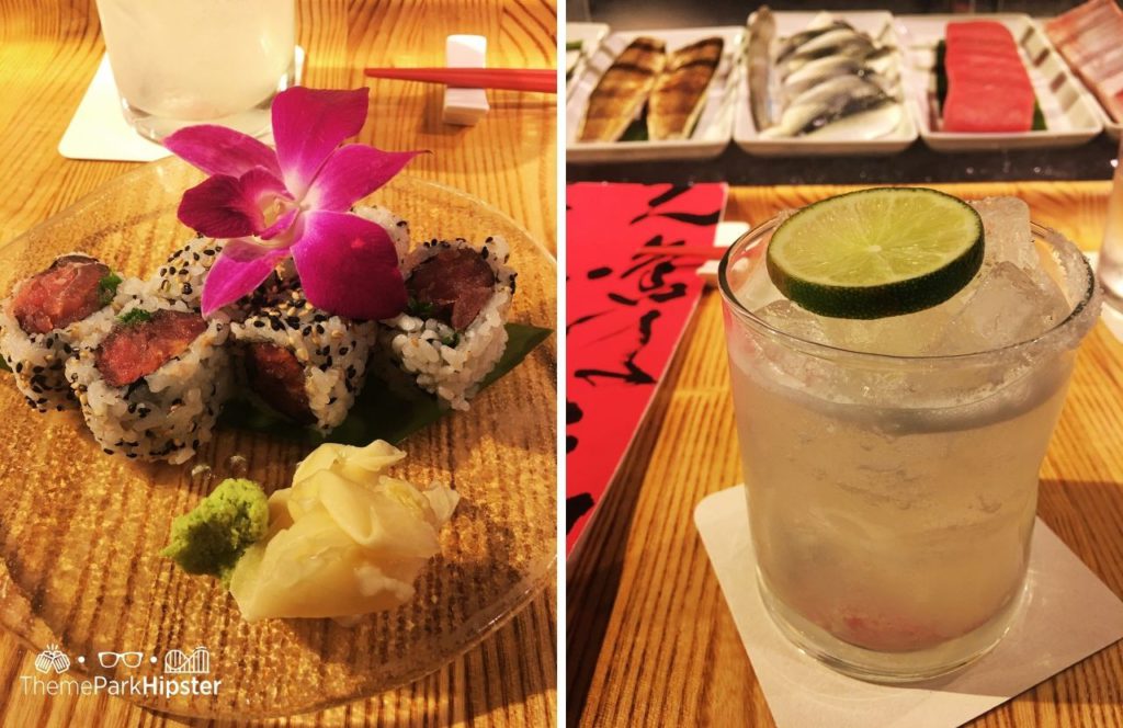 Walt Disney World Disney Springs Morimoto Asia Restaurant Spicy Tuna Sushi and Cocktail Drink Gin