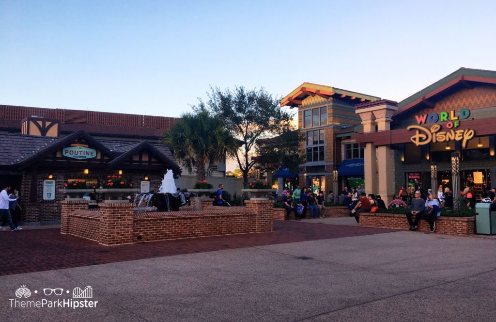 Walt Disney World Disney Springs The Daily Poutine and World of Disney Store. One of the best quick service restaurants in Disney Springs.