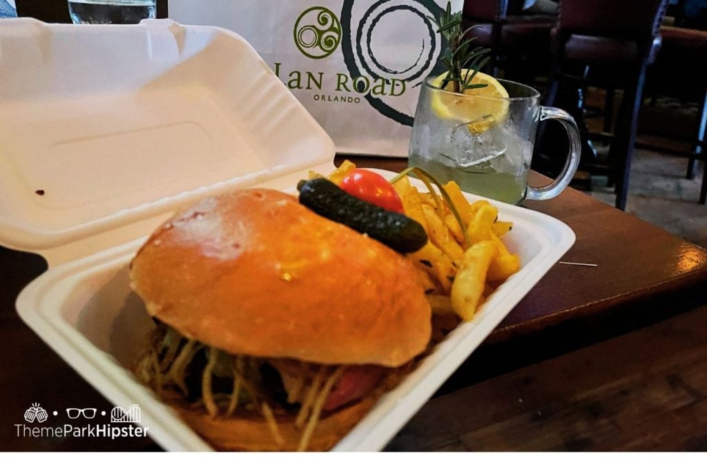 Walt Disney World Disney Springs Raglan Road Restaurant OMG Burger with Fries. Keep reading to find out what is the best food at Raglan Road in Disney Springs.