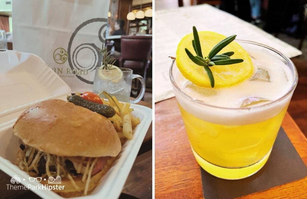 Walt Disney World Disney Springs Raglan Road Restaurant OMG Burger with Fries with Maple Rosemary Whiskey Sour Cocktail Drink. Keep reading to find out if Raglan Road Irish Pub at Disney Springs is worth it.