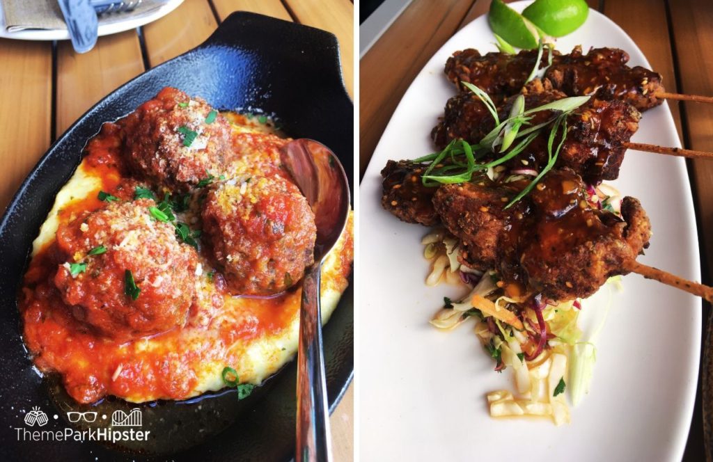 Walt Disney World Disney Springs Wine Bar George Restaurant Meatballs and chicken. Keep reading to find out all you need to know about Wine Bar George at Walt Disney World.