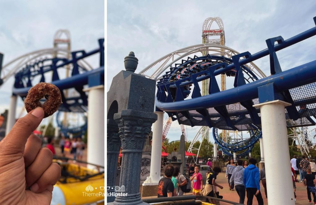 Cedar Point Amusement Park Ohio Mini Donuts with Corkscrew roller coaster in the background