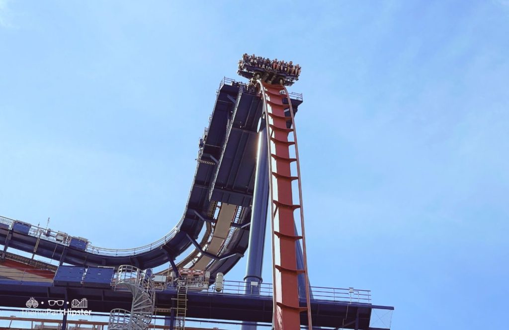 Cedar Point Amusement Park Ohio Valravn Drop Roller Coaster with riders dangling in the air. One of the tallest roller coasters at Cedar Point.