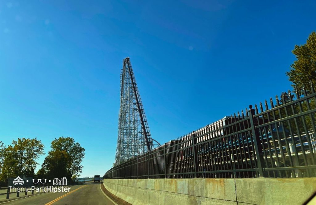 Cedar Point Ohio Amusement Park Millennium Force Roller Coaster view from road. One of the tallest roller coasters at Cedar Point.