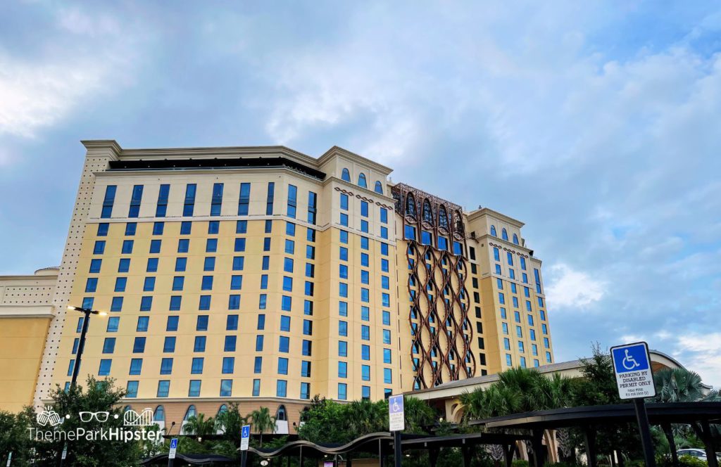 Destino Tower Lobby on cloudy rainy day at Disney's Coronado Springs Resort. One of the best moderate resorts at Disney World for adults.