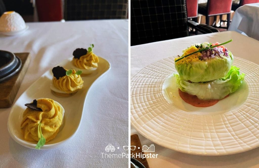 Deviled Eggs with Truffle and Cobb Salad Bull and Bear Steakhouse Orlando at Waldorf Astoria Hotel Bonnet Creek Hilton Signia Hotel at Disney World. Keep reading to find out if Bull & Bear Orlando is worth it.